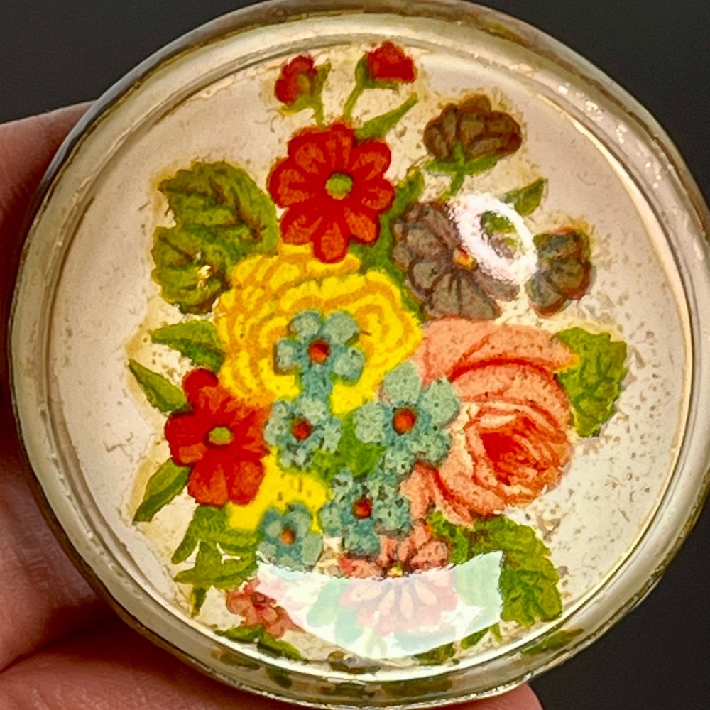 Antique Dome Glass Bridle Rosette Pinback Floral Broach Pin Flowers Roses Button